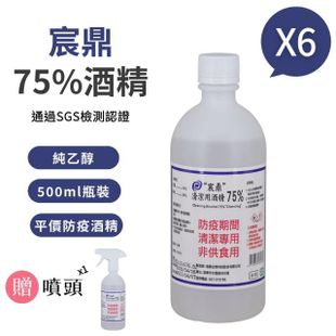 【宸鼎】75%防疫清潔用酒精6瓶組(500ml/瓶+酒精噴頭X1)