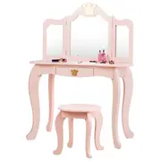 Costway Dressing Table Stool Mirror Set Princess Vanity Makeup Table Dresser w/Drawer Girls Birthday Gift
