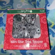 Vintage Merry Bright Mini Tinsel Star Tree Topper Gold With Red Lights Box