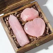 Premium Rose Quartz Crystal Set - Rose Quartz Tower, Heart, and Raw Crystal - Large Crystals and Healing Stones in Wooden Box - Ideal Spiritual Gifts for Women for Love, Healing, and Emotional Balance