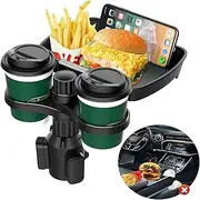 Car Cup Holder Tray 360°Rotation Adjustable Base Width Cup Holder Expander Tray with Dual Cup Holder，Detachable Cup Holder Snack Tray for Travel Road Essentials Accessories