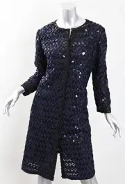 OSCAR DE LA RENTA Womens Navy Black Ribbon Sequin Knee-Length Jacket Coat 6 NEW