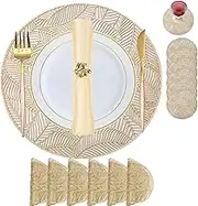 Placemats Set of 6,Gold Round Placemats with Coasters,Washable Heat Resistant Wipeable Heat Resistant Table Mats for Daily Use Wedding Anniversary Dinner Table Decorations(Dia:15inch/38cm)