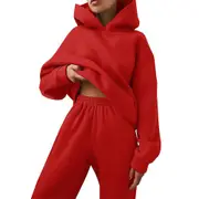 Women's Hoodies Sweatsuit Long Sleeve Hooded Matching Joggers Sweatpants 2 Piece Tracksuit Sets Red L