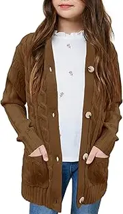 [GoyRrbay] Girls Long Sleeve Casual Cardigan Kids Open Front Knit Sweater with Pockets