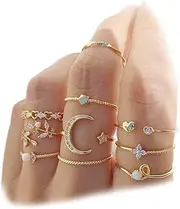 [FUTIMELY] Boho Retro Stackable Rings Sets for Teen Girls Women,Peak Sea Wave Compass Turquoise Rhinestone Knuckle Joint Finger Kunckle Nail Ring Sets