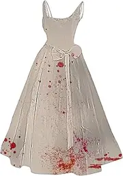 [Kaniem] Halloween Dresses Plus Size Ladies' Halloween Bloody Print Casual Party Round Neck Sexy Sleeveless Dress, D3-Beige, X-Large, D3-beige, X-Large