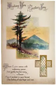 Postcard Wishing You EasterJoy with Pine Trees Mountain