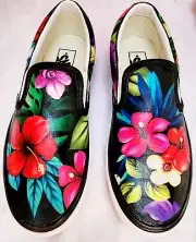 VANS slip-on Asher Shoes Hand Detailed Women's, ANY SIZE, Tropical Flowers
