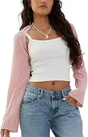 [Roiysan] Women Y2k Crochet Long Sleeve Crop Top Loose Knit Crewneck Hollow Out Sweater Shrug Sexy Vintage Cover Up Streetwear, E Pink, Small