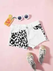 Shein girls 10yrs or 11-12yrs leopard/white colorblock cutoff denim shorts nip