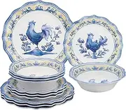 UPware 12-Piece Melamine Dinnerware Set, Includes Dinner Plates, Salad Plates, Bowls, Service for 4. (Blue Rooster), A_1218