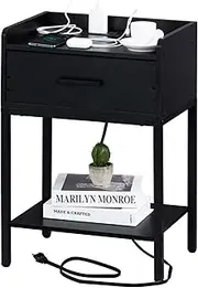 [YAHARBO] Nightstand with Charging Station and USB Ports, 3-Tier End Side Table with Storage Drawer and Shelf, Bedside Night Stand for Bedroom- Black