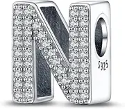 [LaMenars] A-Z Letter Charms925 Sterling Silver Beads for Pandora Bracelets with 5A Cubic Zirconia, Birthday Jewelry Gifts Women Girls