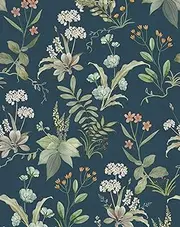[Aniboo] Vintage Floral Peel and Stick Wallpaper Navy Contact Paper for Cabinets and Drawers Self Adhesive Botanical Removable Wallpaper for Bedroom Bathroom Dark Blue Contact Paper Leaf 78.7inL 17.3inW