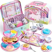 JOYIN 39 Pcs Unicorn Castle Pretend Tin Teapot Set for Tea Party and Kids Kitchen Pretend Play Kitchen Set Sweet Princess Accessories Plastic Tea Cups Dishes Play Food