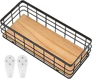 UKQRRTC Metal Wire Storage Basket, Metal Basket with Wood Base, Rectangular Toilet Paper Basket, Versatile Bathroom Basket (Black, S)
