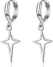 [Generic] Minimalist Cross Hollow Star Dangle Drop Small Hoop Earrings for Women Girls Men Sterling Silver Charms Tiny Star Cartilage Studs Earring Pierced Ear Filigree Crucifix Jewelry