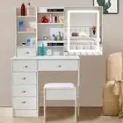 White Makeup Vanity Desk w/ Mirror and LED Lights Dressing Table & Stool Set