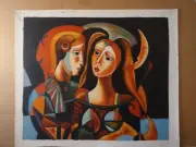 RUSSIAN CUBISM (after) LOVERS EMBRACE Original Repro Hand Painted Canvas 20x24"