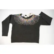 Hannah Banana Charcoal Sequin Jewel Neck Sweater 14 NWT