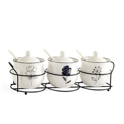 Ceramic Spice & sugar Jars, with Lids Spoons and Shelf,Porcelain Condiment