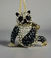 Betsey Johnson Black Enamel Crystal Panda Bear Pendant Necklace Brooch NWT