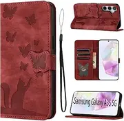 [LSPCASA] Flip Case for Samsung Galaxy A35 PU Leather Samsung A35 Case with Card Slots Cats Butterfly Pattern Samsung Galaxy A35 Case Red