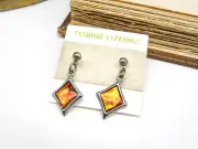 Retro 80s New Old Stock Silver Tone Orange Abalone Dangle Earrings L9