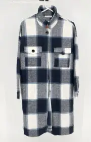 KIRUNDO Black White Women's Flannel Plaid Shirts Jacket Shacket Knee Length - M