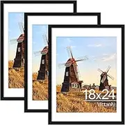 Vittanly 18x24 Picture Frame with Plexiglass - Large Black Poster Frame for Wall Display - Includes 16x20 Mat, Made of Durable PVC Design - 3 Pack
