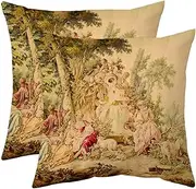 French Toile Throw Pillow Covers Set of 2 Vintage Victorian Aubusson Euro Decorative Pillow Cases Antique Shabby Chic Couch Cushion Covers for Sofa Bedroom Living Room Home Decor, 18 x 18 Inches