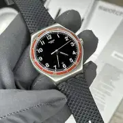 NEW✅ Swatch Irony RED WHEEL Steel Black Silicone Number Dial Men's Watch YWS417