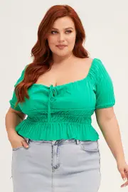 Green Short Sleeve Rib Jersey Peplum Top