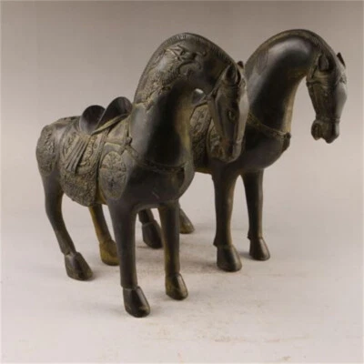 A pair Antique old bronze Archaic horse Dragon Phoenix war horses statue
