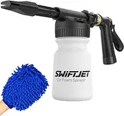 SwiftJet Car Wash Foam Gun Sprayer with Microfiber Wash Mit - Adjustable Water Pressure & Soap Ratio Dial - Foam Cannon Attaches to Any Garden Hose (Foam Sprayer with Wash Mit (Black))