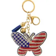 Bling American Flag Butterfly Rhinestone Tassel Bag Charm Keychain Key Ring