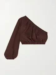[Faithfull] Faithfull - + Net Sustain Annato Cropped One-shoulder Linen Top - Brown - medium medium Brown