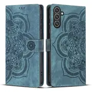 Compatible For Samsung Galaxy S24 FE Leather Case WANLONFENG HDM Series Mandala Imprint Wallet Stand Phone Cover Blue