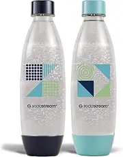 [sodastream] 2 Bottles 1 Litre for Sparkling Water and Soda | Snap & Lock Technology for Snap-on | Dishwasher Safe | BPA Free | Details Dark Blue and Cyan