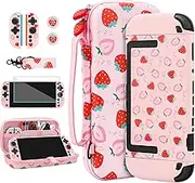 RHOTALL Strawberry Carrying Case for Nintendo Switch 2 2025,Pink Protective Hard Portable Travel Carry Case with 9 Game Card Slots,Shell Cover for Switch 2,Screen Protector,Shoulder Strap,2 Thumb Caps