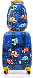 [Baby Joy] 2 PCS Kids Luggage Set, 13" & 18" Kids Carry On Suitcase Set, Children Travel Rolling Trolley Suitcase w/ 4 Casters, Retractable Handle, Lightweight Trolley Case for Boys Girls (Car)