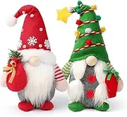 Set of 2 Christmas Gnome Plush Decorations, Xmas Farmhouse Tiered Tray Decor-Red Green Handmade Scandinavian Tomte - Home Tabletop Elf Ornaments