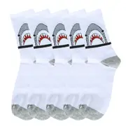 ANYSOX 5 Pairs Size 4-9 White Sports Socks Long Casual Shark Print Hip-hop breathable Unisex Skateboard Knitted Casual Sports Fashion