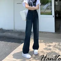 在飛比找蝦皮商城優惠-【HanVo】大口袋設計落地中直筒牛仔長褲 韓系舒適親膚牛仔