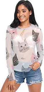 [RPLIFE] Cute Cat Faces Sheer Shirts, Womens Sheer Top S-XXL
