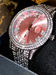 Mens Custom Fully Ice out Bling Round Icy Pink Dial Silver Watch Iced Cz Quality