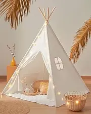 Tiny Land 100% Cotton Large Kids Teepee Tent with Padded Mat & Light String & Carry Case-Kids Foldable Play Tent -Toys for 3,4,5,6 Year Old Girls and Boys, Teepee Indoor Outdoor Games Playhouse