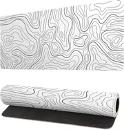 Topographic Contour White Gaming Mouse Pad Xl Geographic Map Lines Extended Big Large Desk Mat Non-slip Rubber Base Stitched Edge,31.5x11.8 Inch
