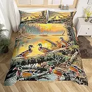 Wild Duck Duvet Cover Full Size for Kids Boys,Jungle Hunting Wild Animal 3 Pieces Duvet Cover,Exotic Birds Retro Autumn Comforter Cover (Not Comforter),Farmhouse Style Quilt Cover,2 Pillowcases